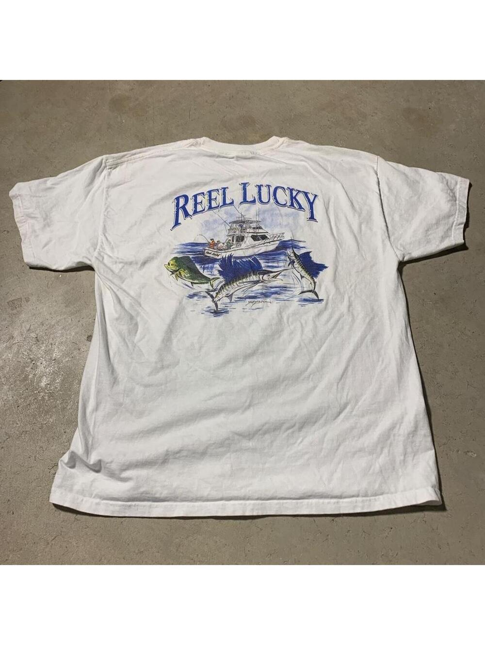 Vintage Y2K Reel Lucky Fishing T Shirt White Mens XL Marlin Mahi Mahi Graphic